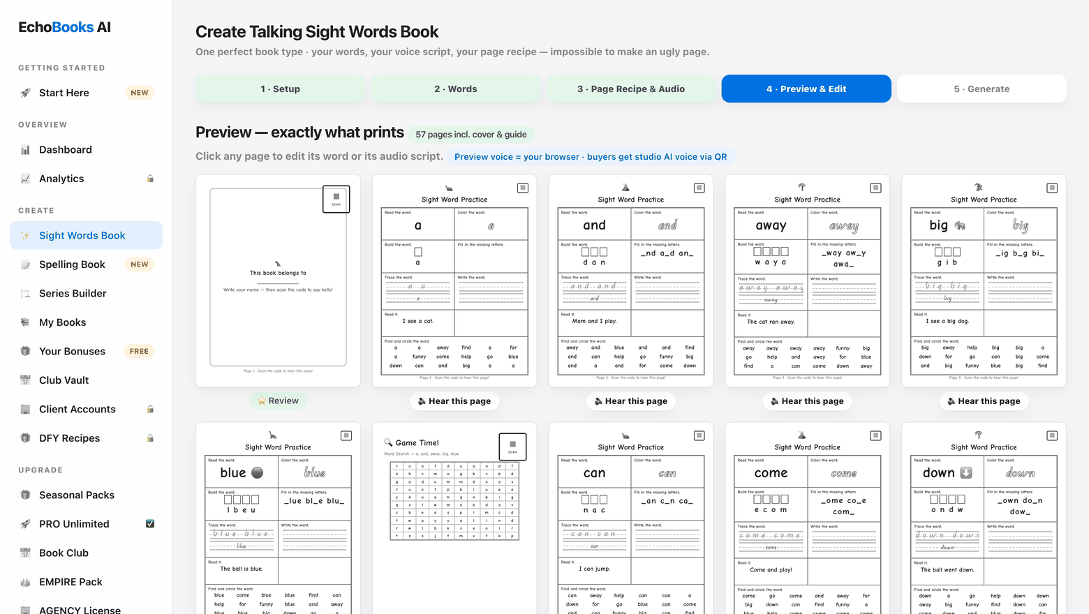 EchoBooks AI, step 4 of the builder: a preview grid showing every one of the 57 pages that will print, each with its own QR code