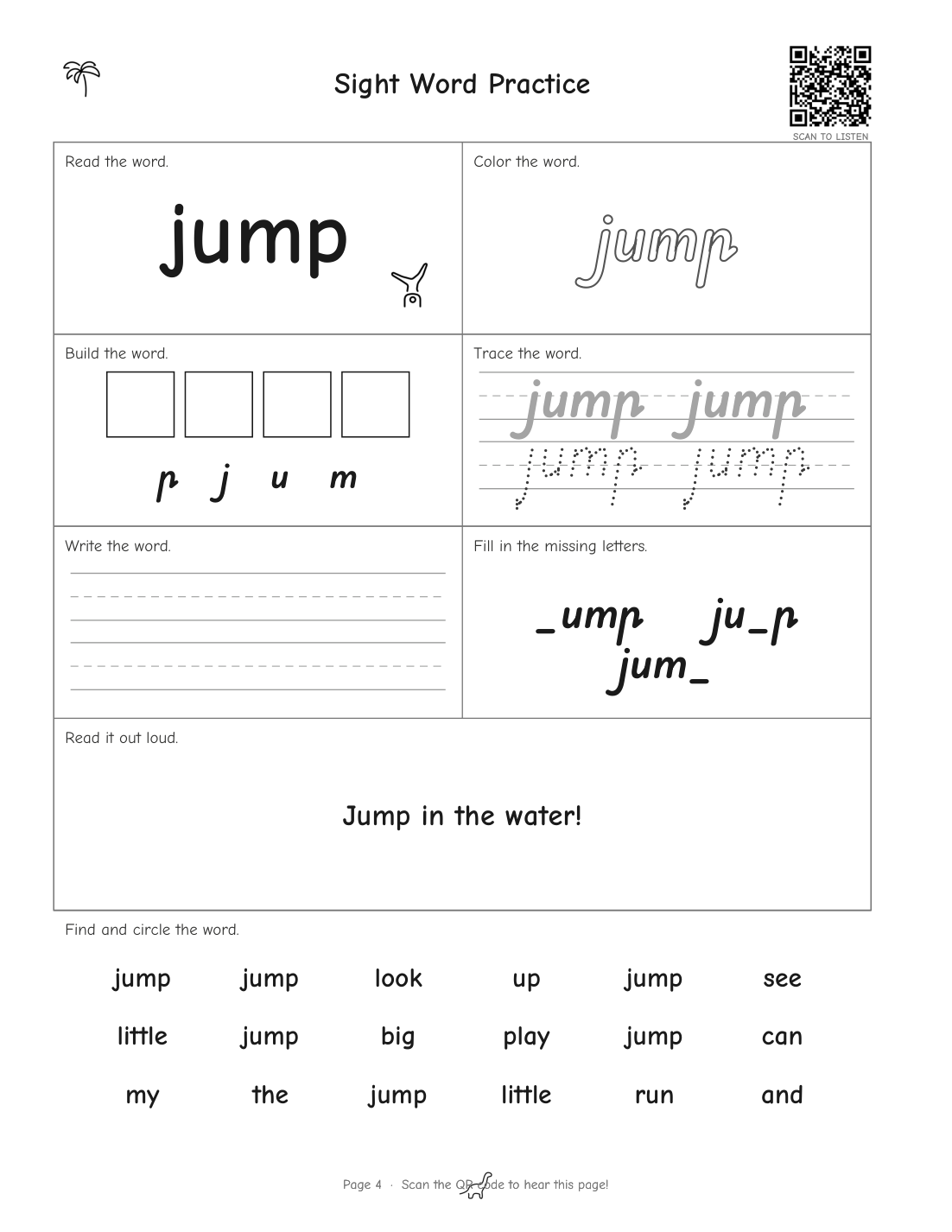 A real EchoBooks word page for "jump" with eight activities and a QR code